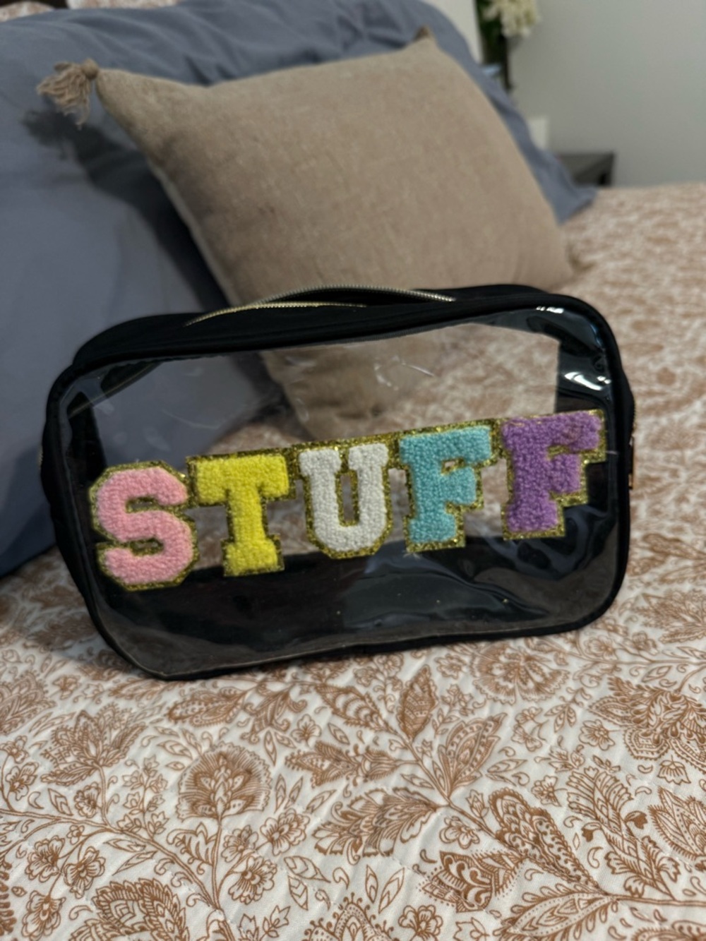 Clear Black Cosmetic Bag with Colorful 'STUFF' Patch - Picture 2 of 4